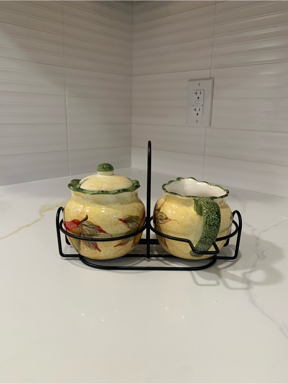 Yellow Ceramic Sugar and Creamer Set with Green Trim